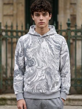 GAP Teen 14-16 Grey Marble-Print Hoodie Sweatshirt